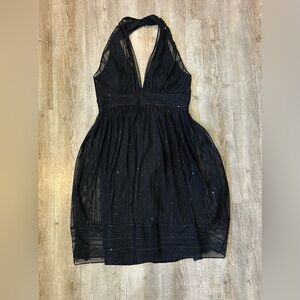 Maggy London Black Halter Cocktail Formal Dress Beads Sequins Midi A-Line SZ 14